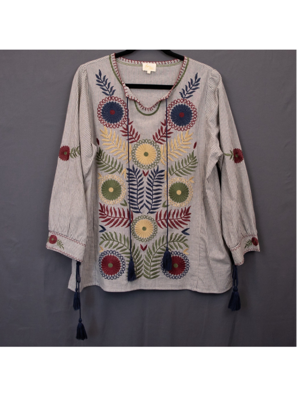 Layerz Clothing floral embroidery stripe long sleeve tunic top-L